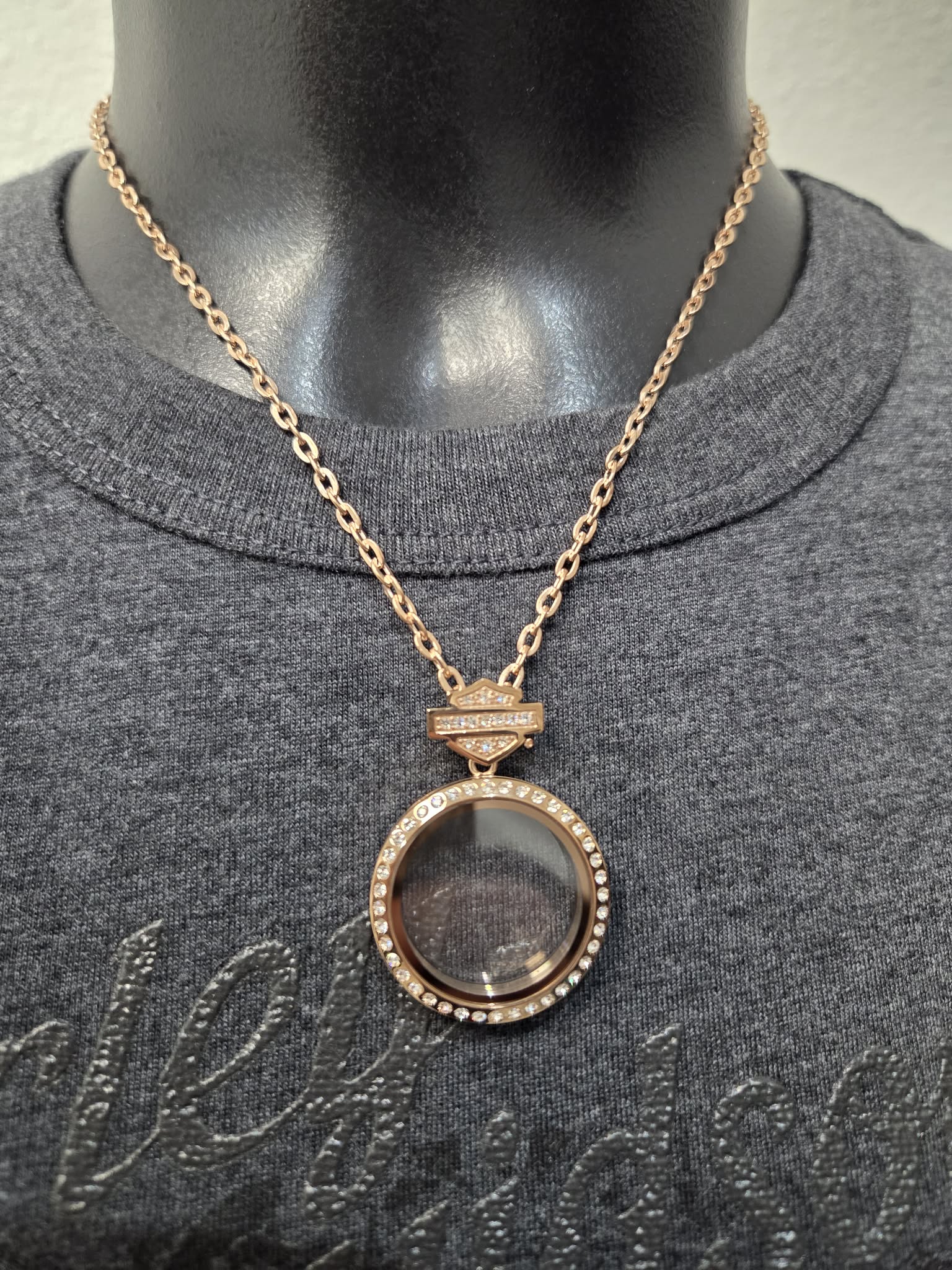 Licensed Product Womens Stainless Steel Large Rose Gold Tone Bling Circle Locket Necklace – Adjustable